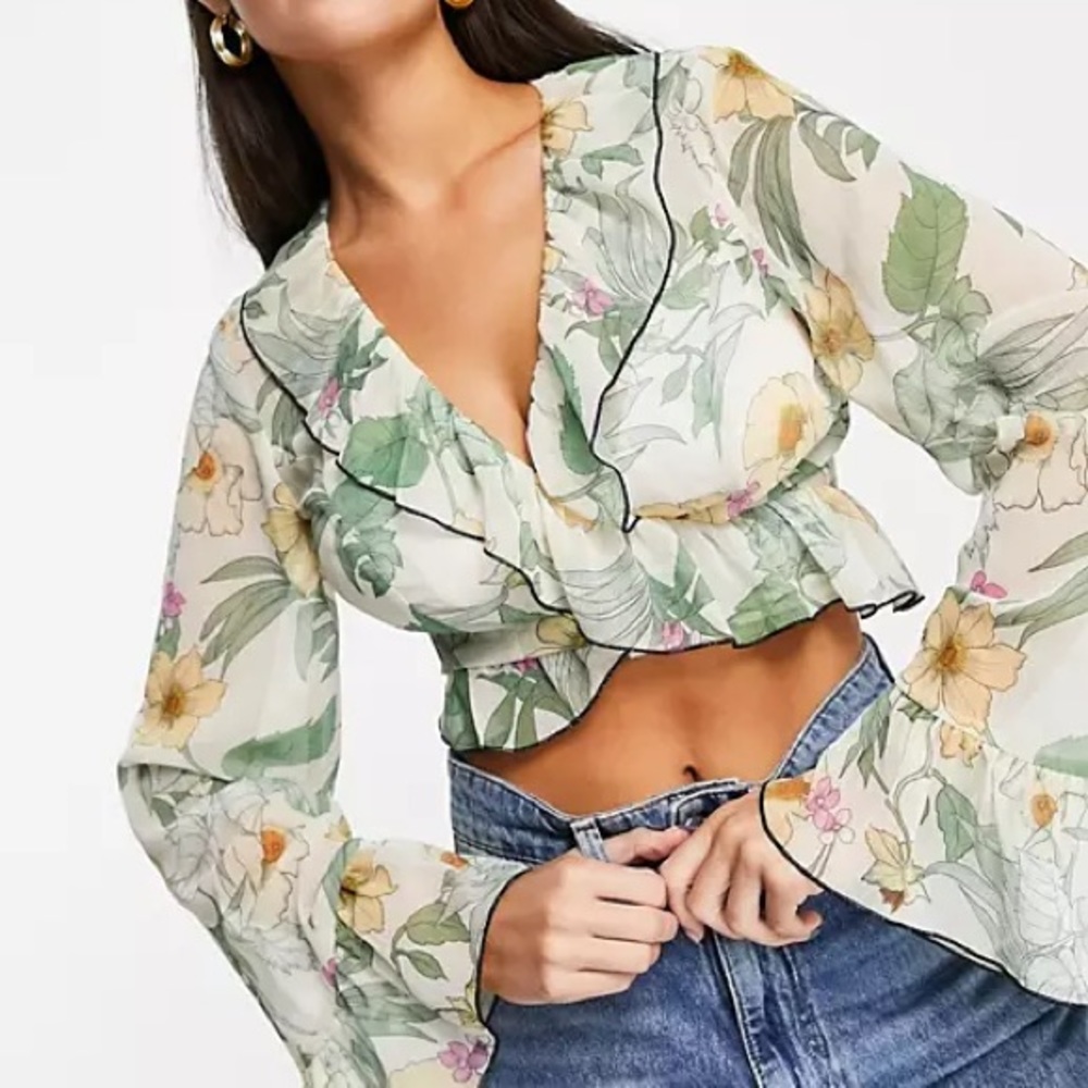 ASOS Floral Sheer Wrap Top w Ruffles - Size US12 - Brand New